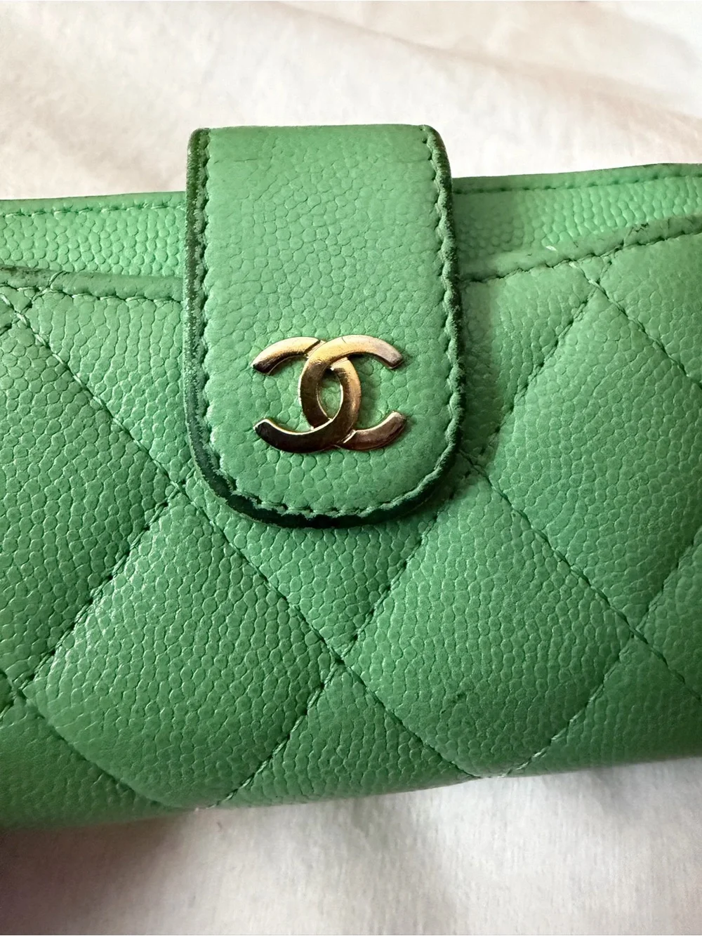 CHANEL Green Caviar Leather Compact Quilted Wallet, Gold CC Logo-FULL INCLUSION!